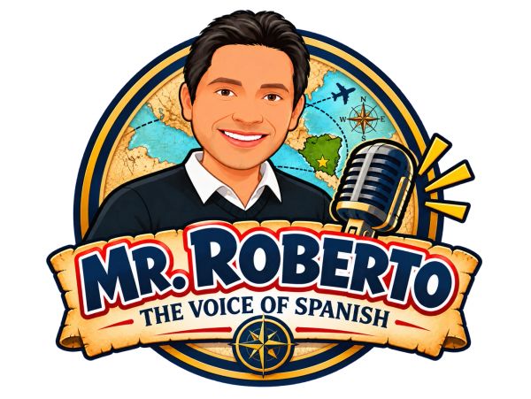 Illustration of Mr. Roberto with a microphone and world map.