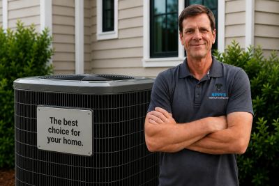 Technician standing proudly by a home air conditioning unit.