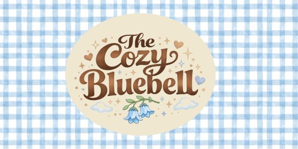 Logo of The Cozy Bluebell on a checkered background.