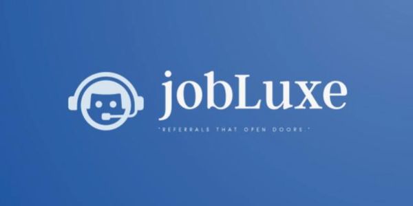 jobLuxe logo with a headset icon on a blue background.