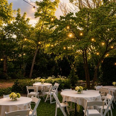 Outdoor garden party setup with string lights and round tables.