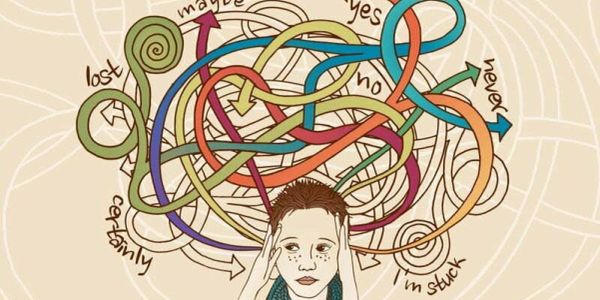 A person overwhelmed by tangled thoughts and emotions.