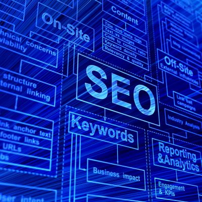 Image with words: SEO, Keywords, Reporting & Analytics