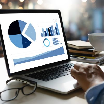 person looking at a laptop with a pie chart and graph