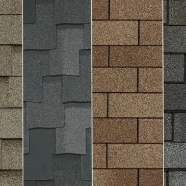 Various styles and colors of roofing shingles.