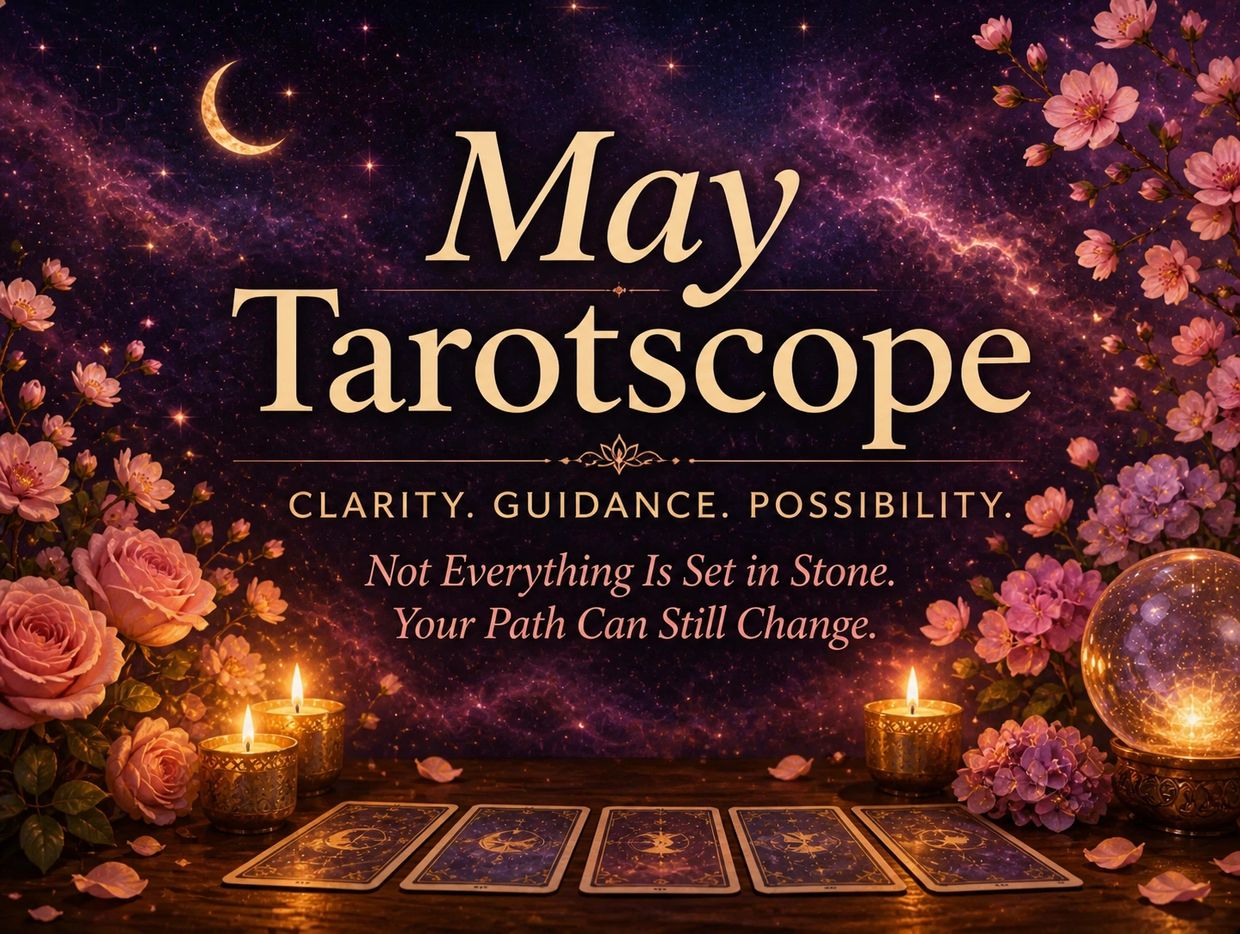 May Tarotscope with candles, flowers, tarot cards, and a crystal ball under a starry sky.