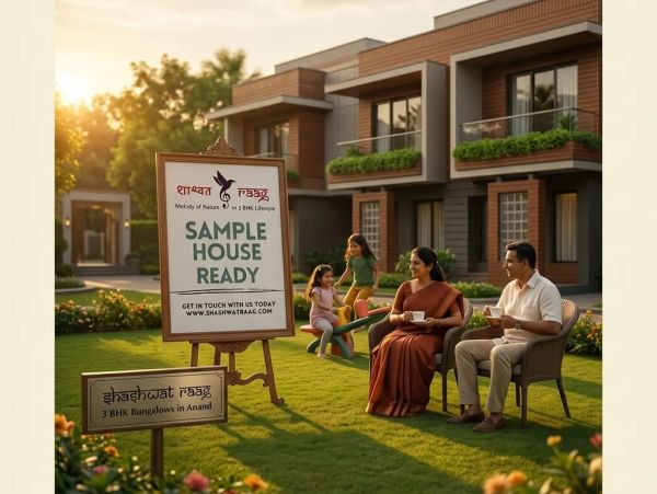 Family enjoying outdoors near a sign for ready bungalows.