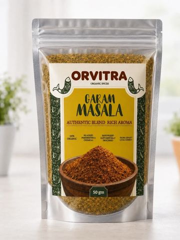 Packet of Orvitra Garam Masala, an organic spice blend with rich aroma.