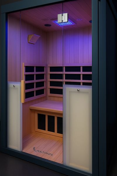 Modern infrared sauna with wooden interior and blue lighting.