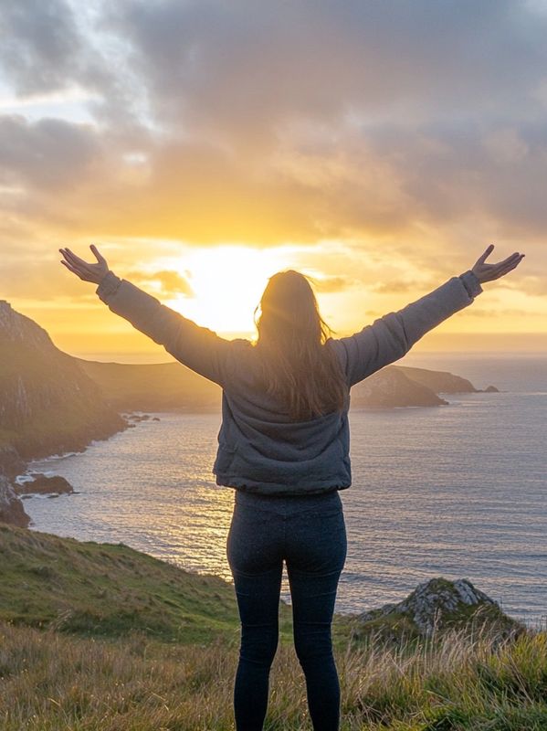 A woman standing in a power pose at the edge of a cliff