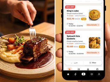Picture of a plate with food and a hand holding a phone on our app featuring deals