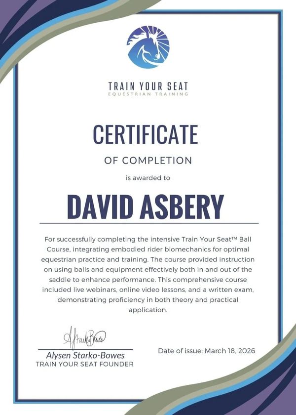 Certificate awarded to David Asbery for completing an equestrian training course.