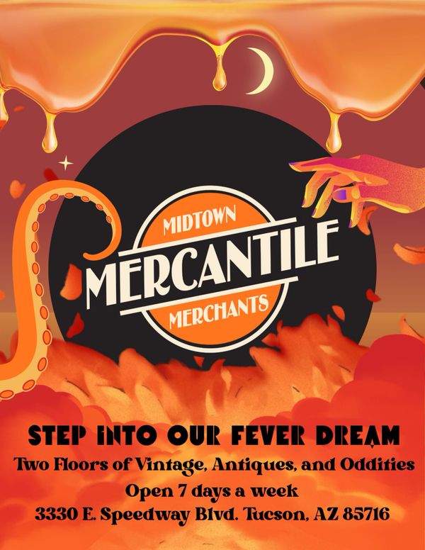 Artistic ad for Midtown Mercantile featuring vintage goods and a fever dream theme.