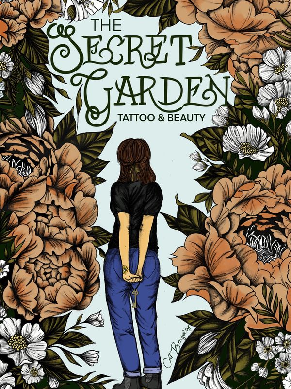 Hand drawn marketing material of Cat Beazeley tattoo within a secret garden 