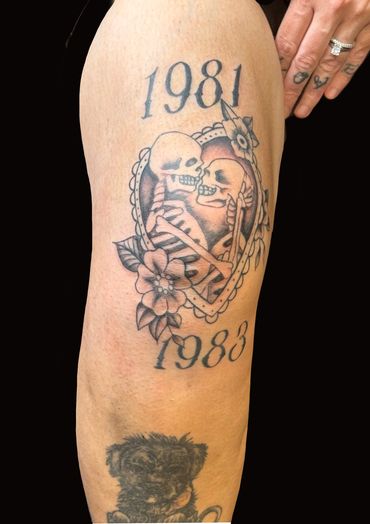Until death do us part skeleton  knee tattoo by Cat Beazeley 