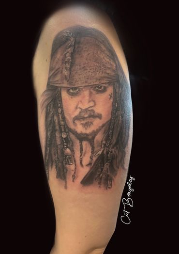 Pirates of the Caribbean’s Jack Sparrow tattoo, actor Jonny Depp and tattooed by Cat Beazeley