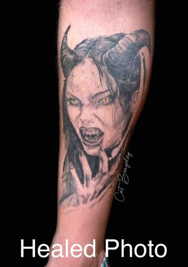 Healed she devil, vampire, Lilith character in black and grey by Cat Beazeley tattoo 