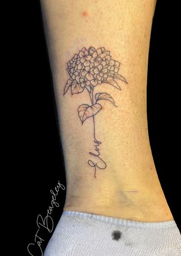 Hydrangea and name in fine line by Cat Beazeley tattoo 