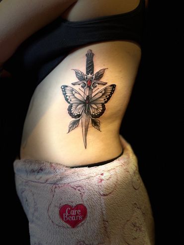 RIB piece by Cat Beazeley Tattoo, butterfly and dagger 
