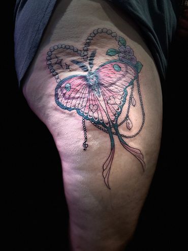 Memorial Neo traditional moth piece by Cat Beazeley Tattoo including glitter heart tattoos