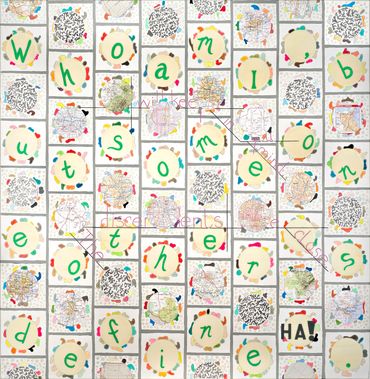 Text art, collage, maps, cursive, words, graphite, acrylic, enamel on panel