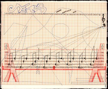 cleft bass ink musical notes thread sewing on graph paper art rhythm