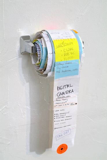 fabricated toilet paper roll list art text sewed collection roll paper interactive sculpture