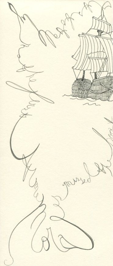 Cursive drawing, ink, graphite, text art on archival paper