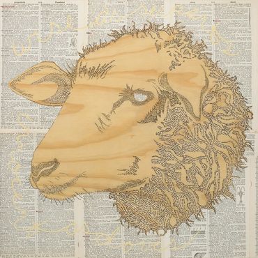 Collage, dictionary, cursive, words, ink, polymer,  acrylic on panel