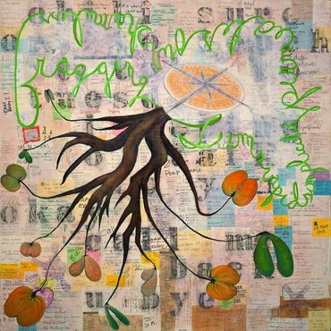 Daily lists, collage, acrylic, ink, pastel, oil on panel.  Text Cursive Art.