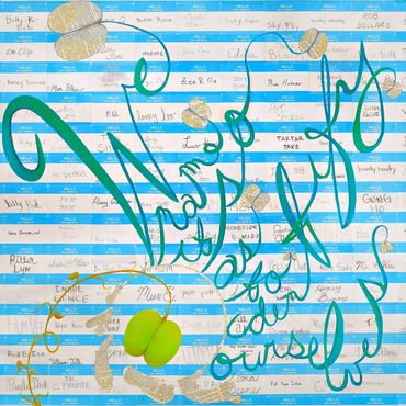 Enamel, acrylic, ink, collage, dictionary pages, crayon, name tags, oil on panel cursive, text art