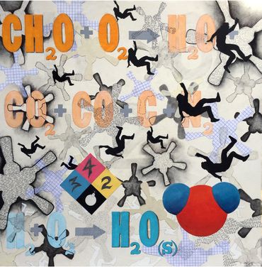 Collage, painting, acrylic, charcoal, ink, text art on wood panel