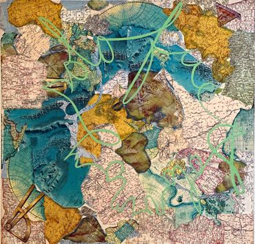 Collage, acrylic, Spanish text on canvas