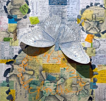 Text art, collage, daily lists, cursive, words, charcoal, acrylic on panel