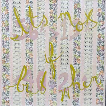 Collage, ink, oil on canvas, text art, cursive