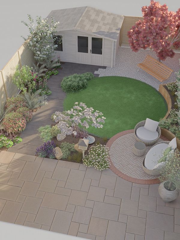 Cozy garden with seating, greenery, and a small shed.
