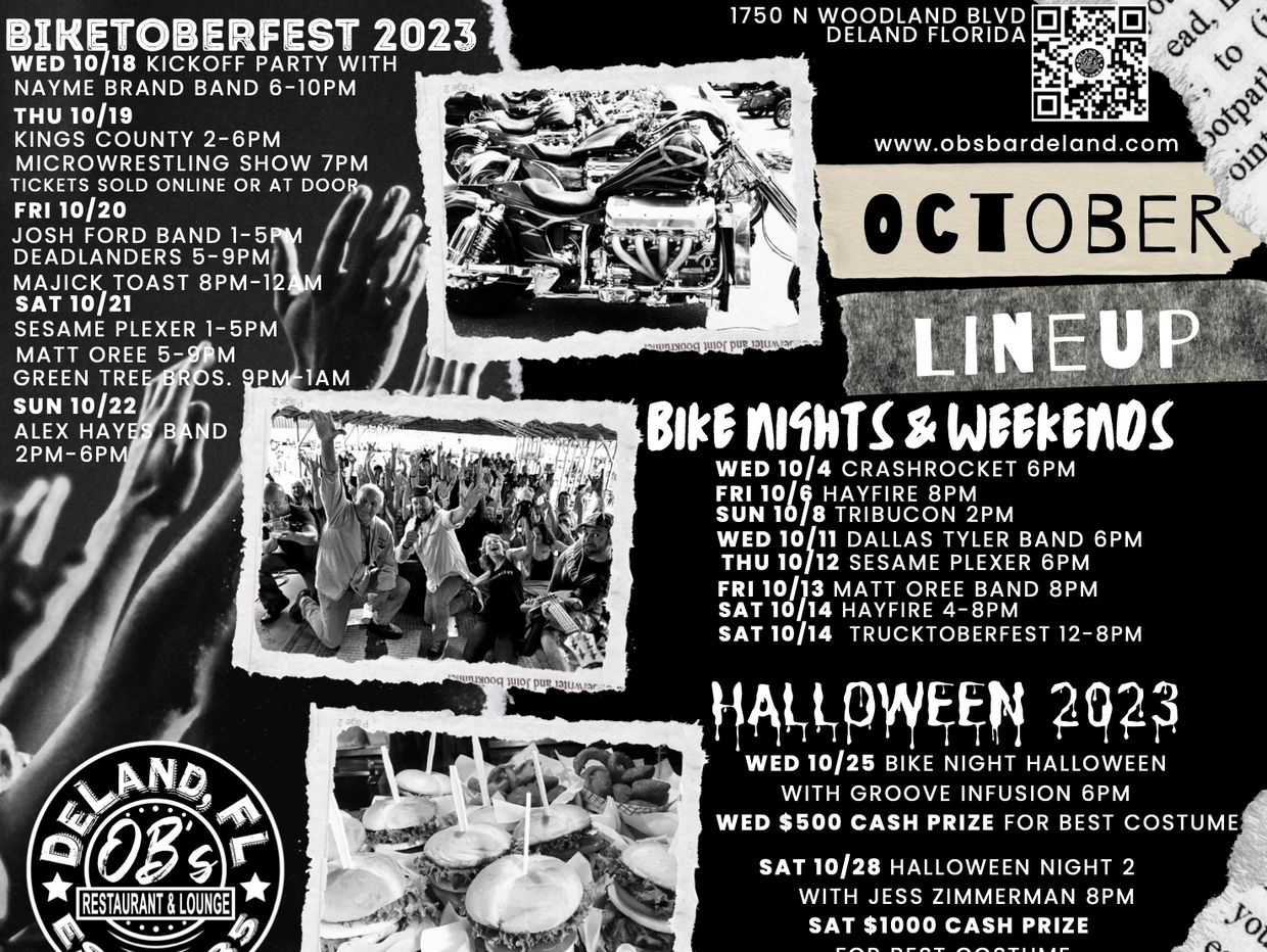 Event flyer for Bikertoberfest 2023 with bands, bike nights, and Halloween events in Deland, Florida.