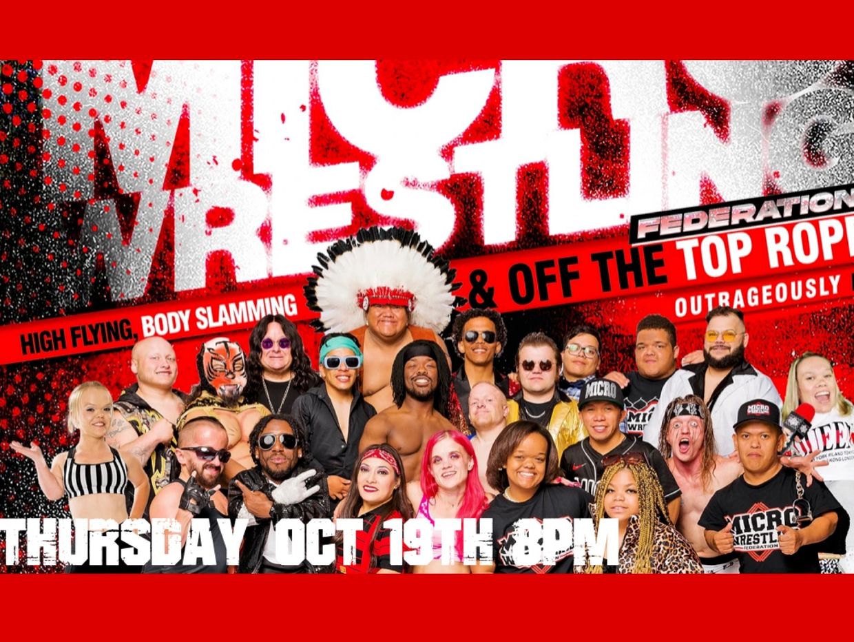 Group photo promoting a micro wrestling event on October 19th at 8 PM.