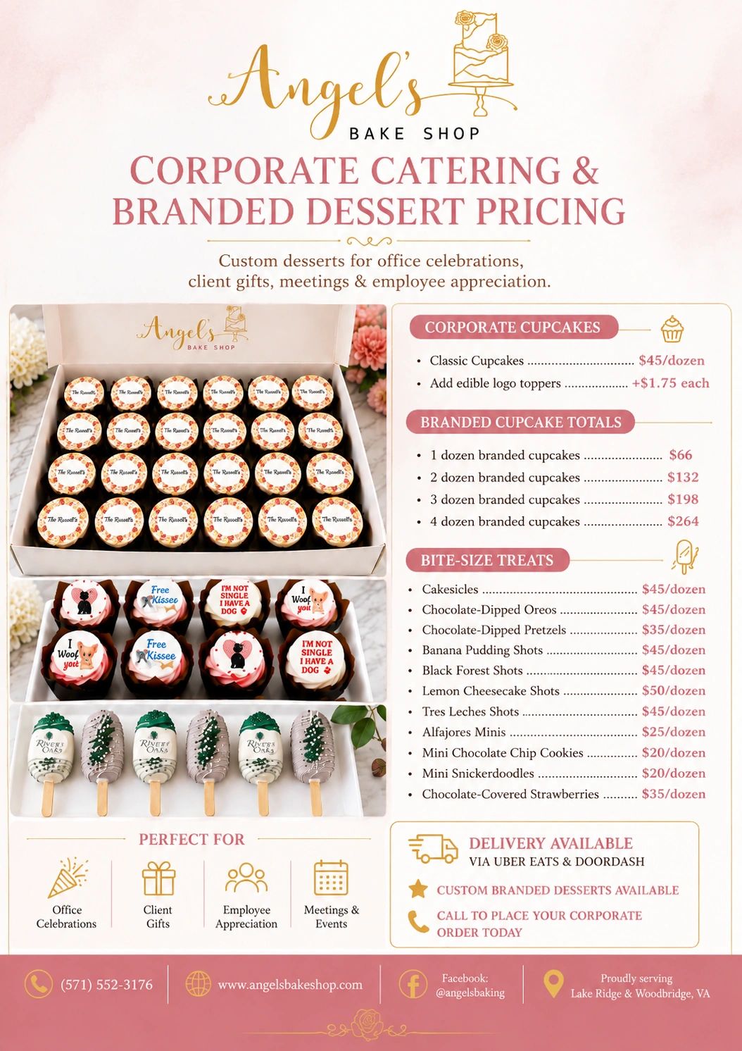 Angel's Bake Shop corporate catering and branded dessert pricing flyer.
