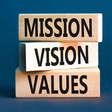 Wooden blocks stacked with words Mission, Vision, Values.