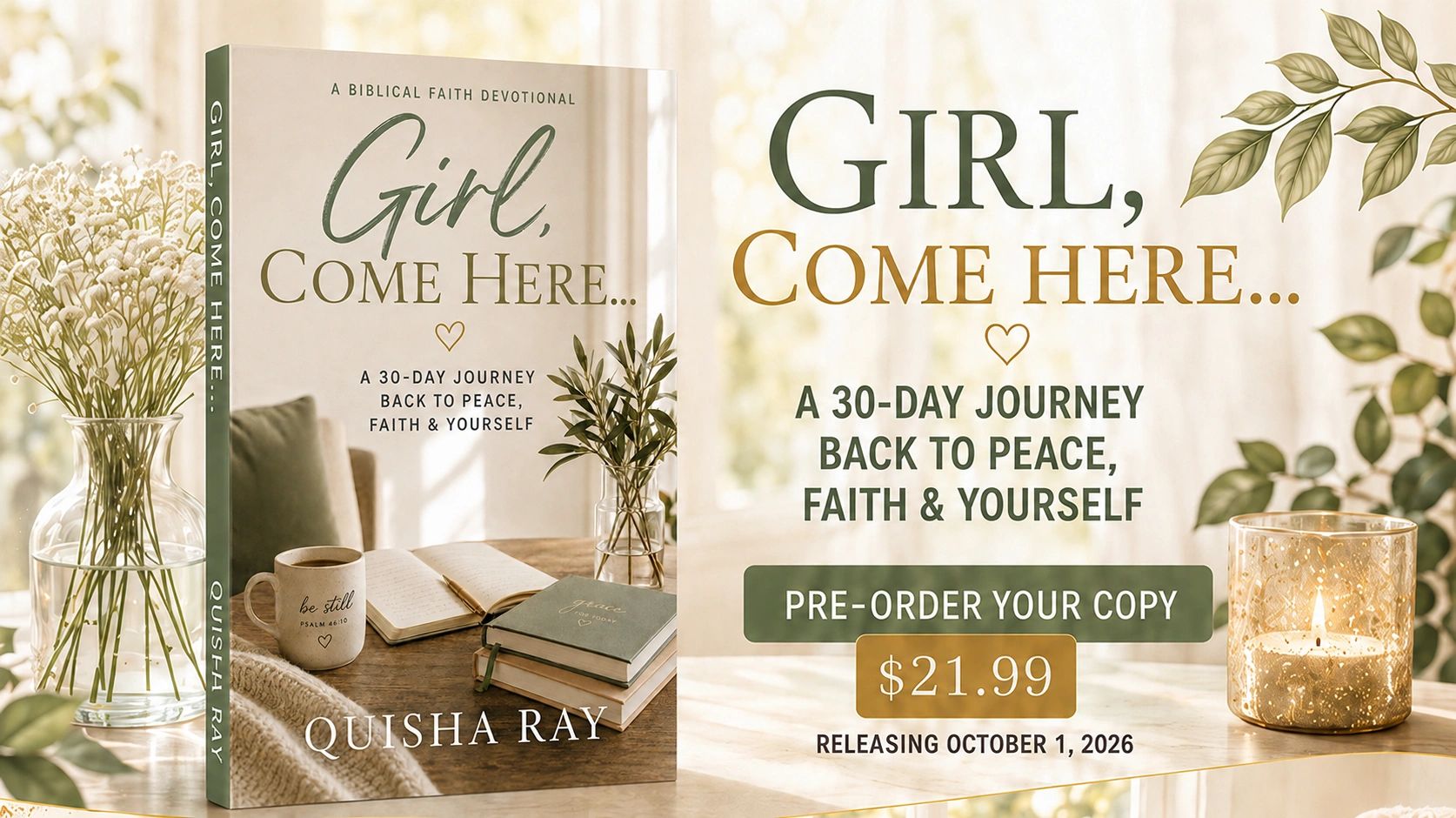 Book titled 'Girl, Come Here...' by Quisha Ray, a 30-day faith devotional journey.