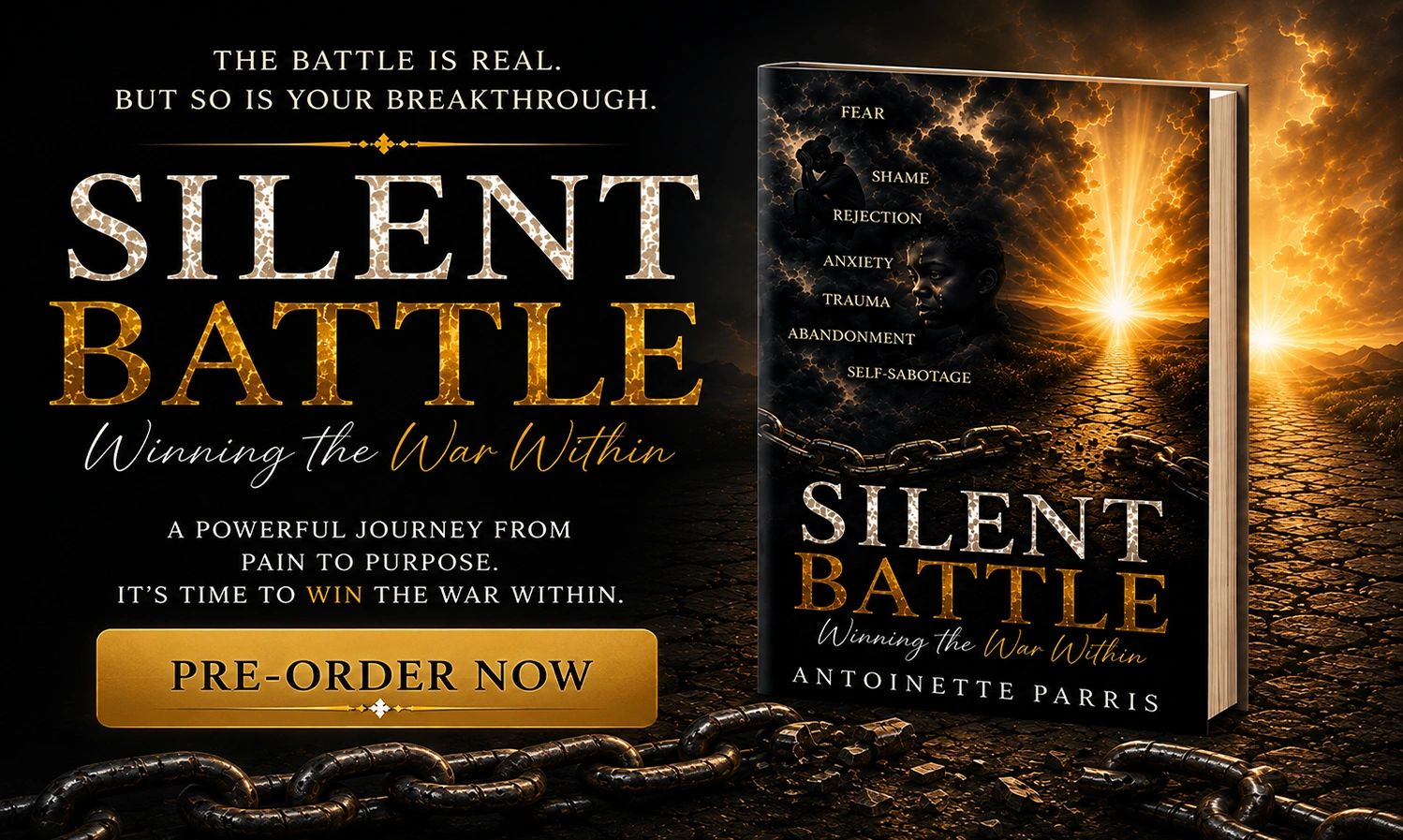 Book about overcoming inner battles, titled Silent Battle by Antoinette Parris.
