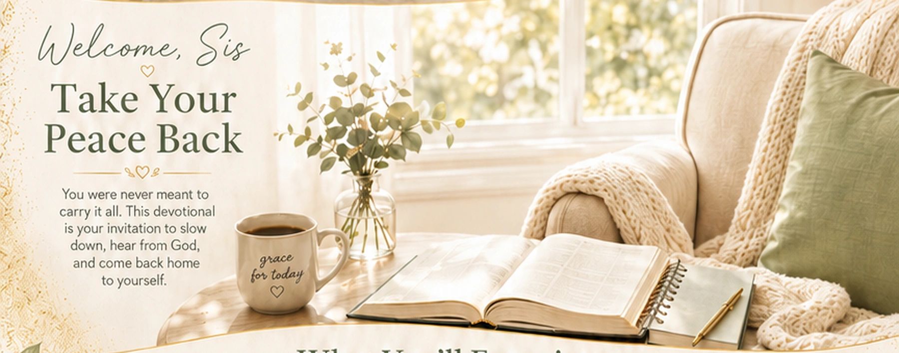 Cozy reading nook with inspirational message and coffee.