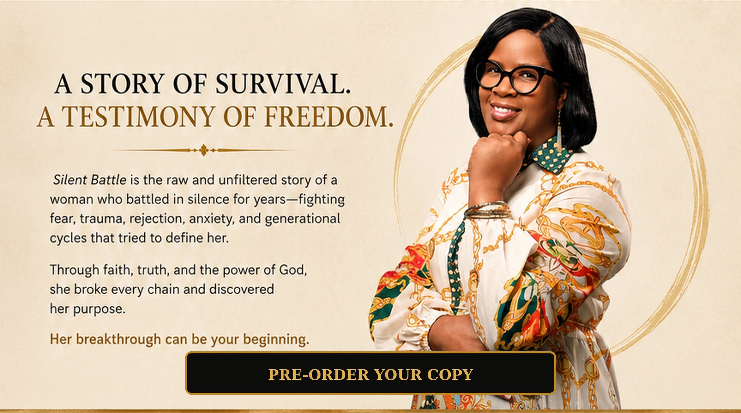 Woman promoting her inspirational book "Silent Battle" about survival and freedom.
