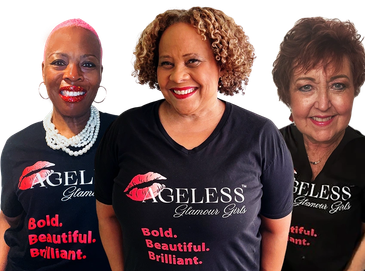 Three women wearing 'Ageless Glamour Girls' shirts with bold smiles.
