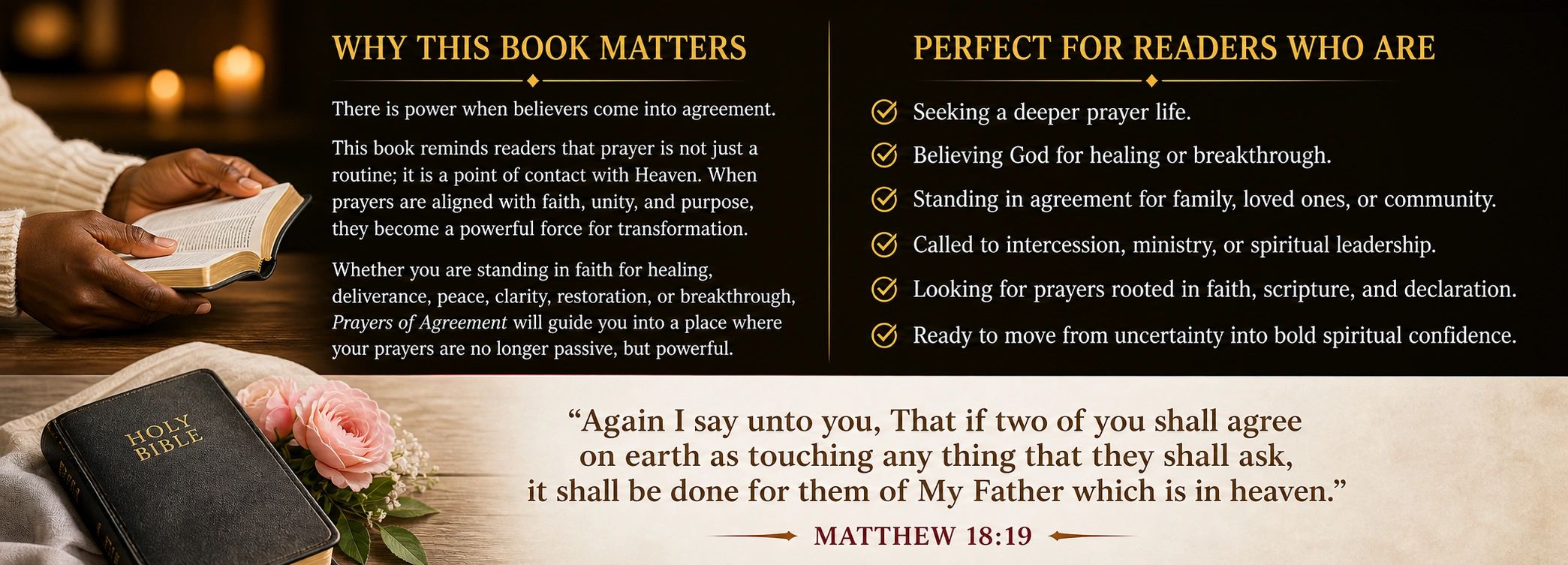 A book on prayer emphasizing unity and faith, accompanied by a Bible and a scripture quote from Matthew 18:19.