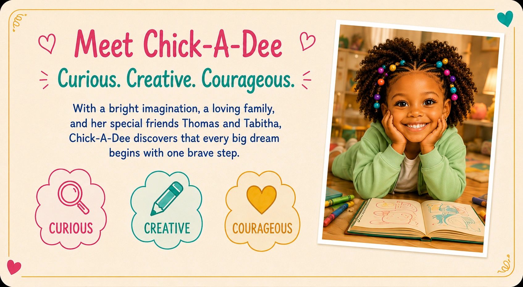 A smiling young girl with colorful beads in her hair drawing in a book.