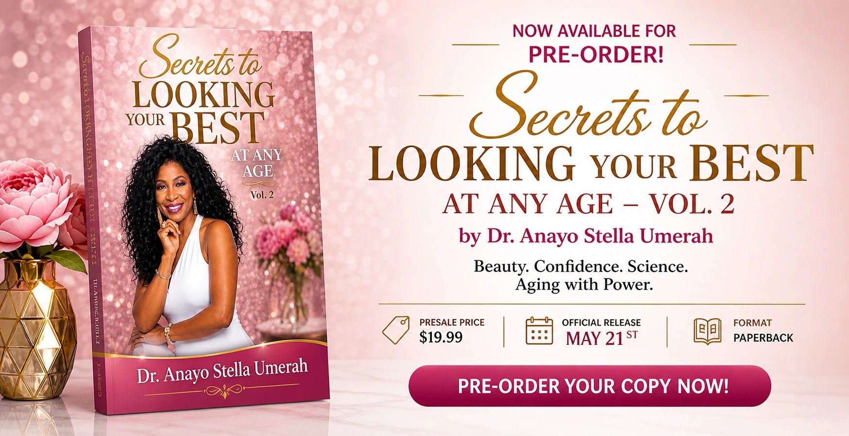 Book cover and pre-order ad for 'Secrets to Looking Your Best at Any Age' by Dr. Anayo Stella Umerah.