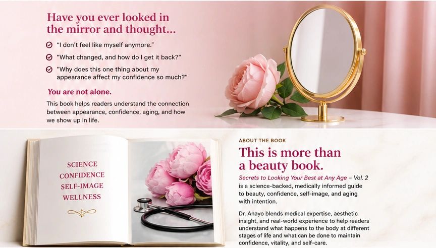 Promoting a book on beauty, confidence, and self-image with a mirror and pink flowers.
