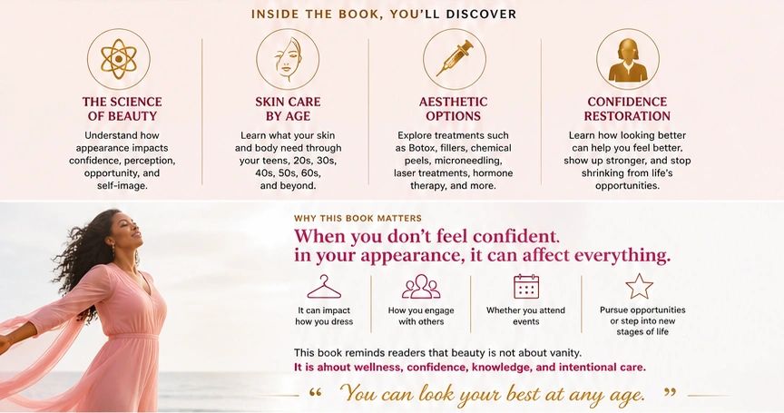 A woman in a flowing dress with book highlights on beauty, skincare, and confidence restoration.